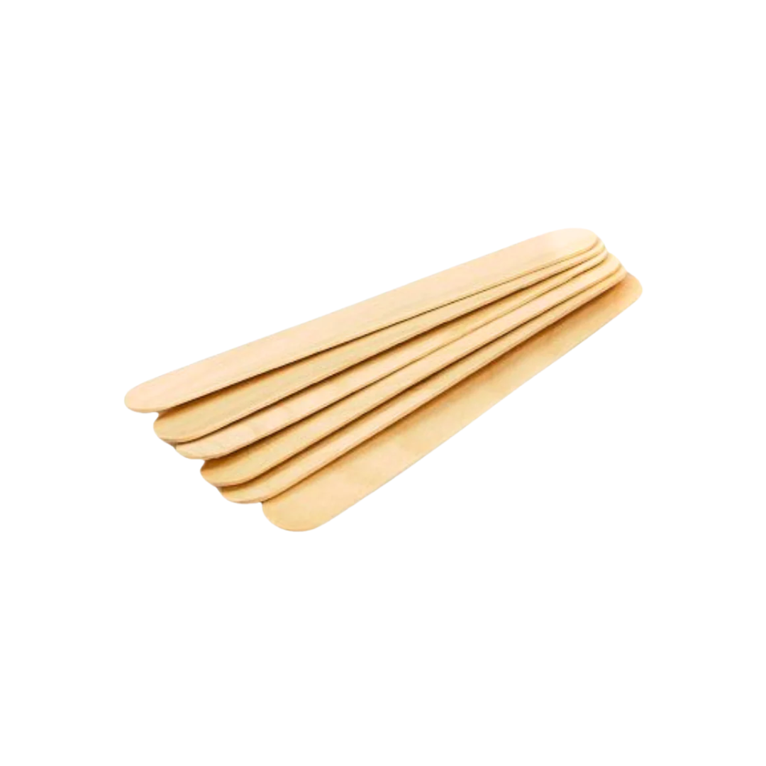 The image shows a stack of wooden tongue depressors arranged in a neat pile. These flat, rounded-end sticks are commonly used in medical and dental examinations to depress the tongue for throat inspection. The natural wood texture is visible, and the background is plain white for a clean, professional look.
