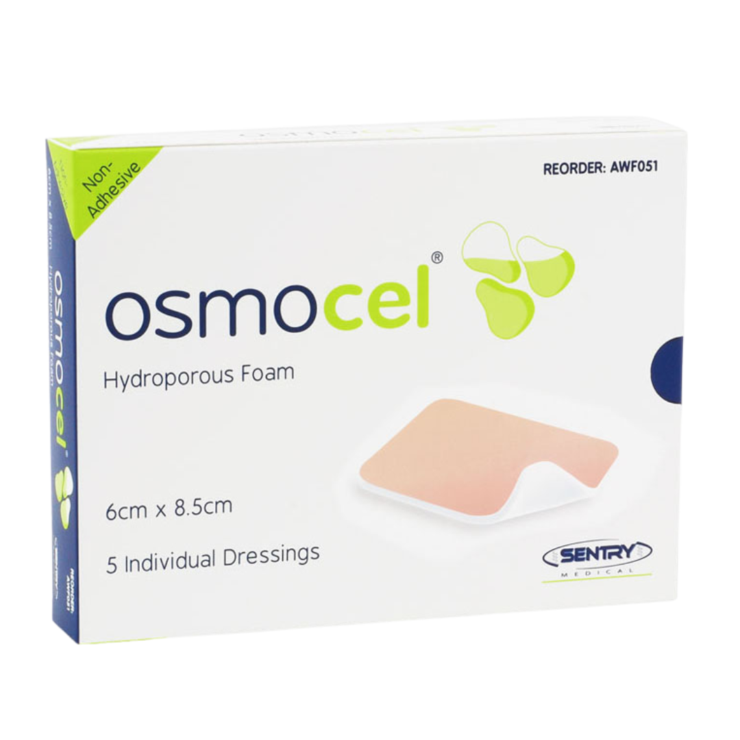 OsmoCel® Hydroporous Foam Non-Adhesive dressing, size 6cm x 8.5cm, displayed in its retail packaging box. Pack contains 5 individual dressings for effective wound care and moisture management.
