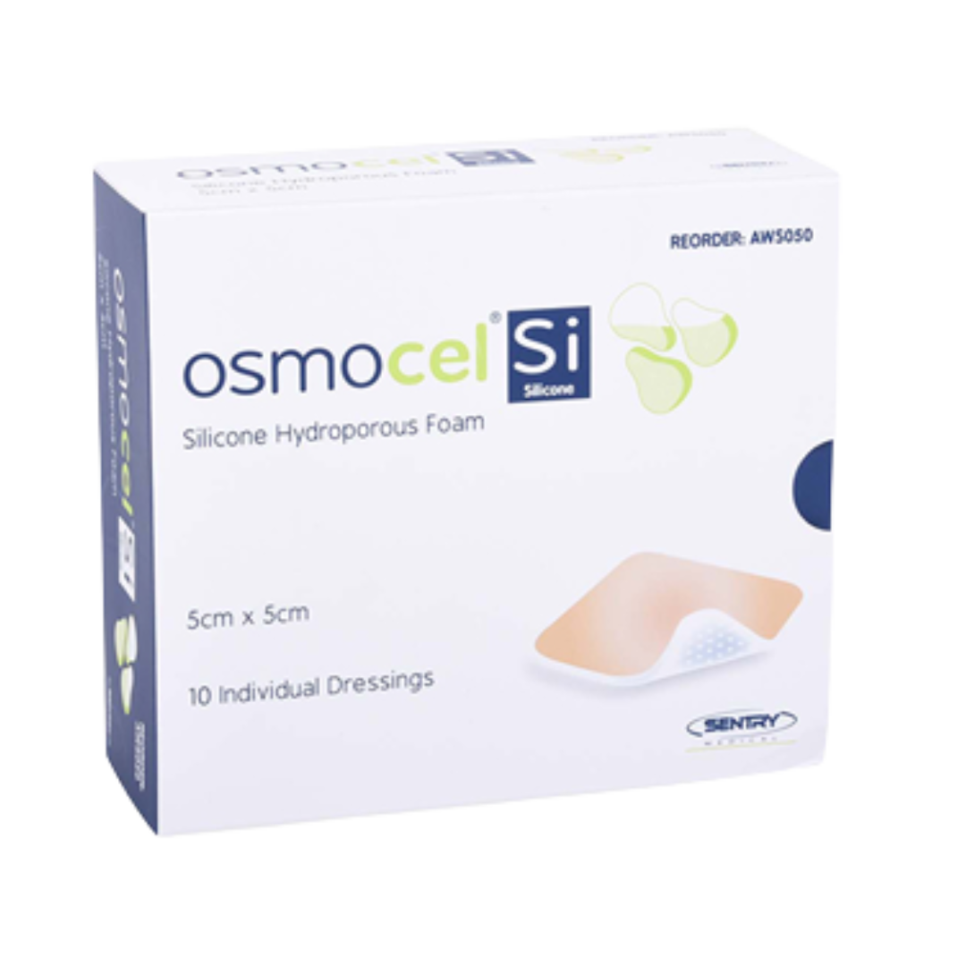 OsmoCel® Si Silicone Hydroporous Foam dressing, non-bordered, size 5cm x 5cm. Pack of 10 dressings for effective wound management and gentle adhesion.
