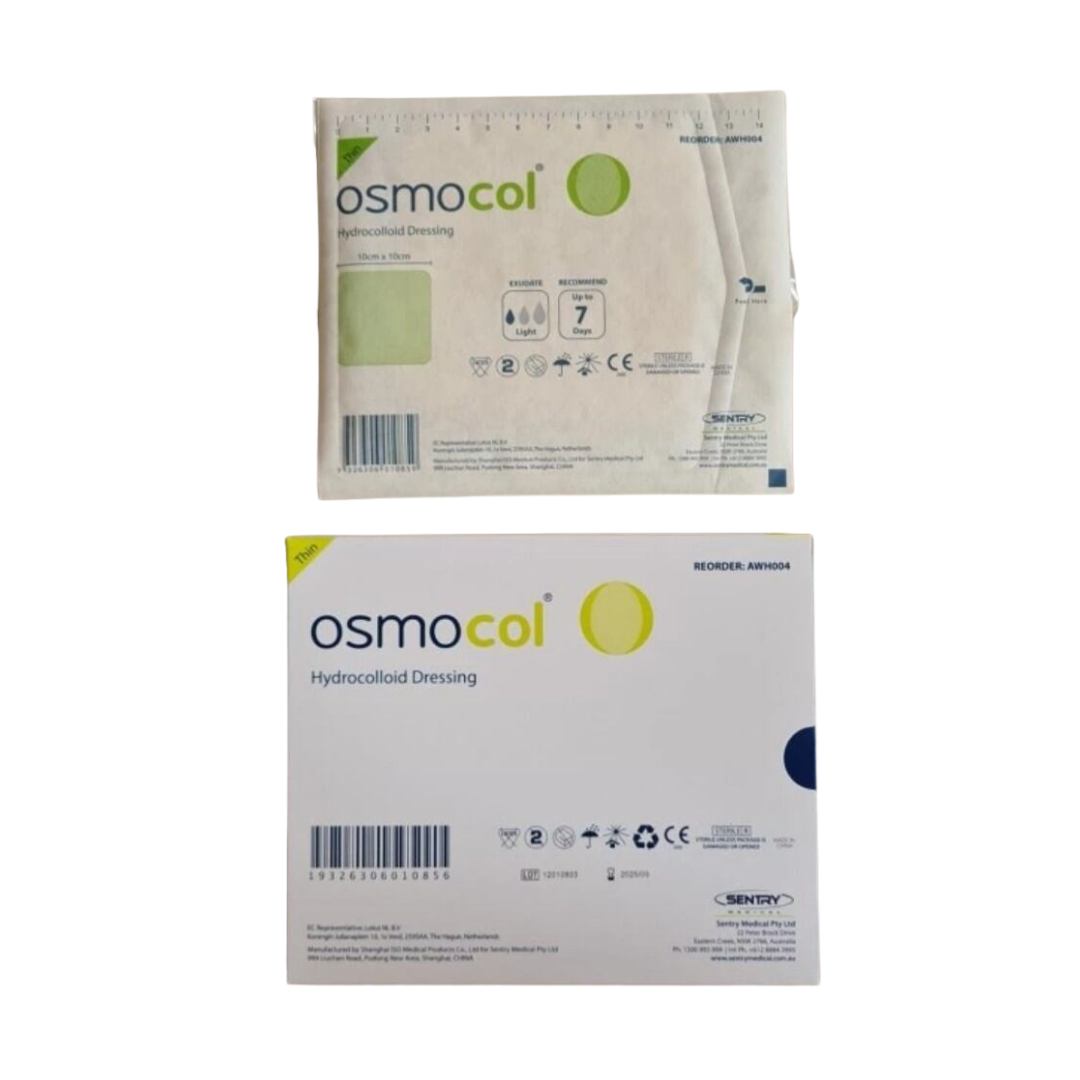 Front and back view of OsmoCol Hydrocolloid Dressing packaging, showing product details and specifications for wound care.
