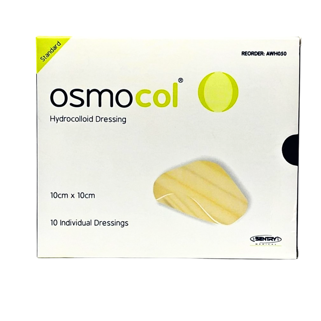 OsmoCol® Hydrocolloid Dressing (Standard), size 10cm x 10cm, shown in retail packaging containing 10 individual dressings for effective wound care.
