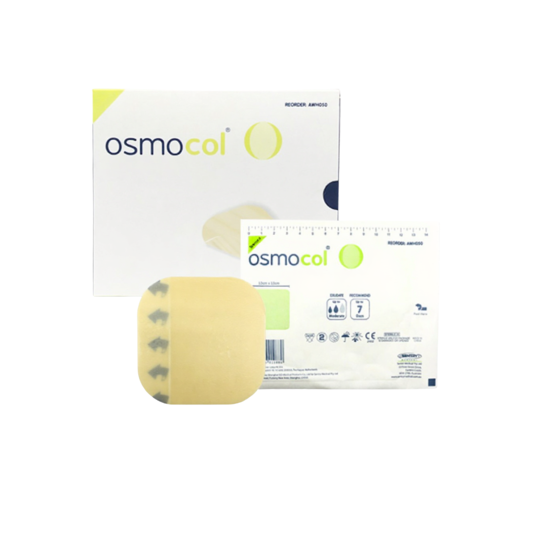 OsmoCol® Hydrocolloid Dressing (Standard), size 10cm x 10cm, displayed with retail box, individual sterile pack, and dressing. Designed for moist wound healing, moderate exudate absorption, and up to 7-day wear time.
