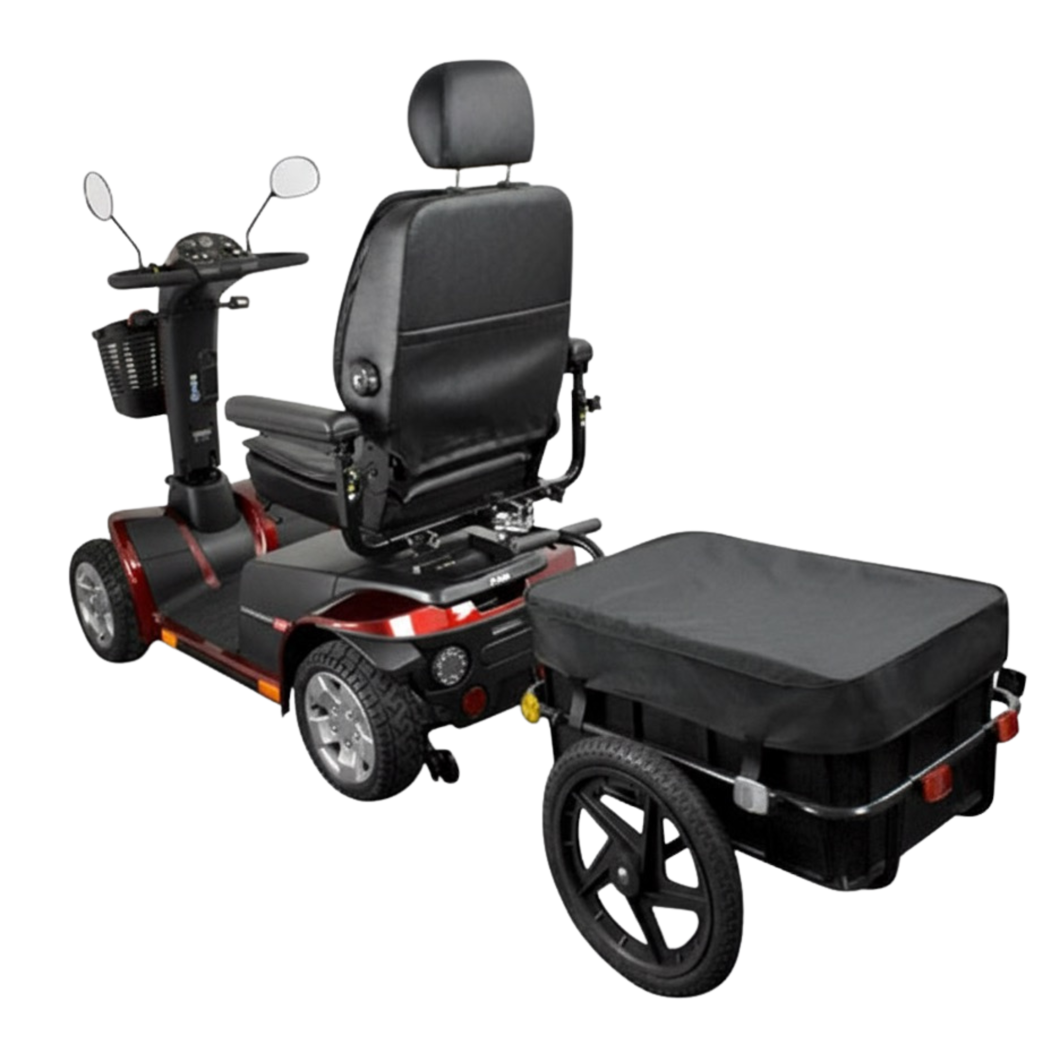 Black electric scooter with a attached black storage cart on a white background
