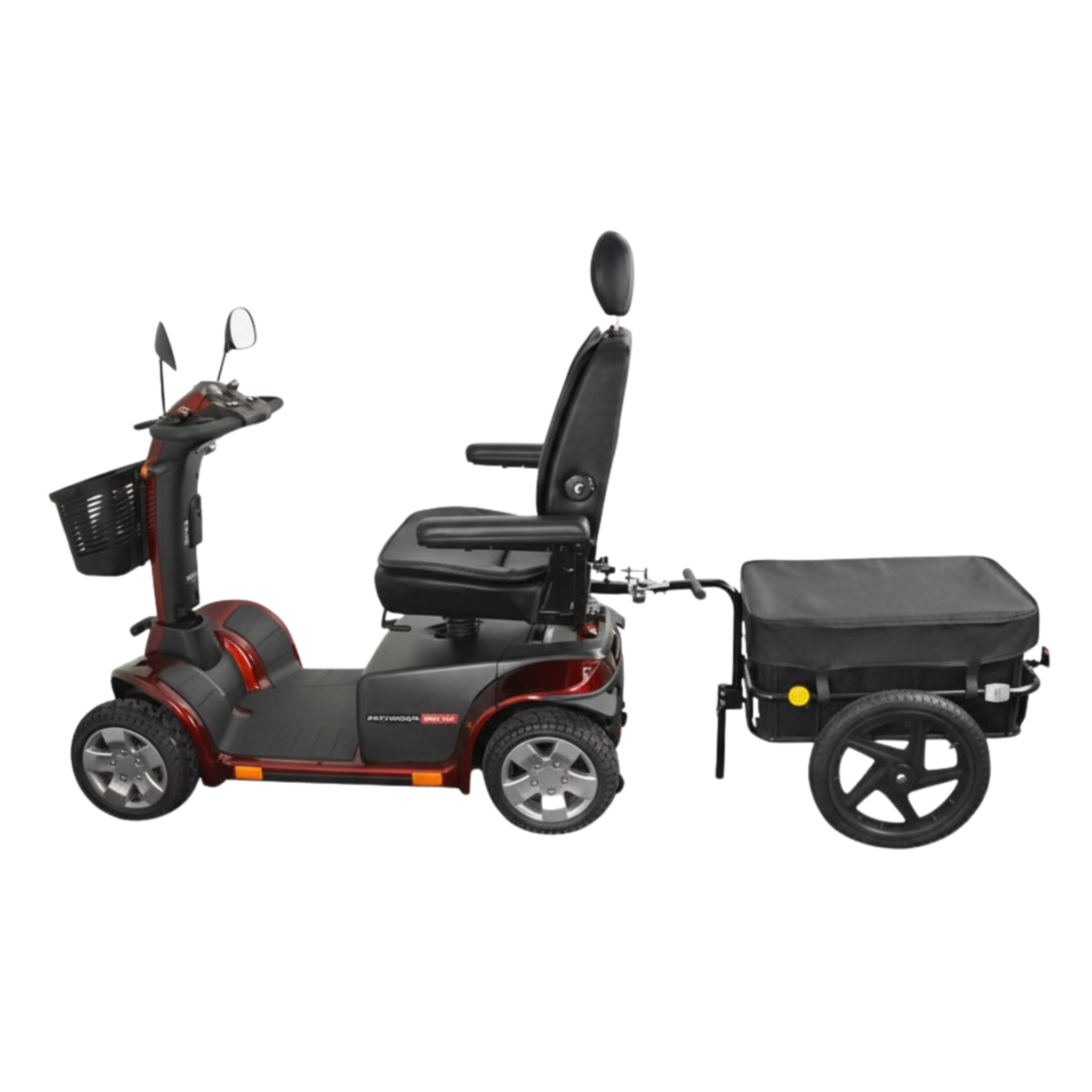 Black mobility scooter with a basket and additional seat on a white background