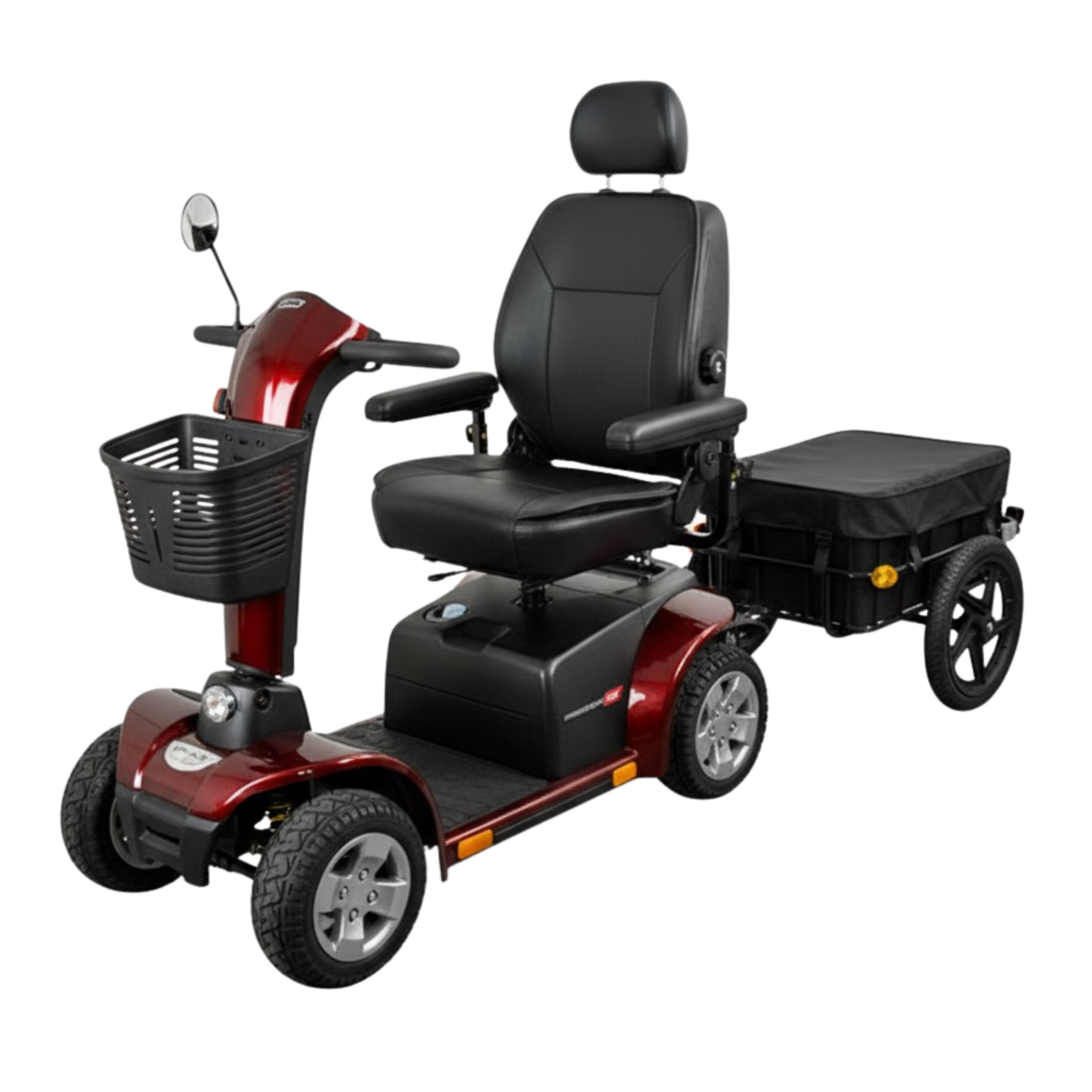 Mobility scooter with black seat and basket on a white background