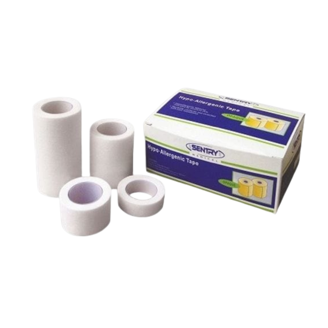 Sentry Medical Hypo-Allergenic Tape rolls in assorted sizes displayed alongside the product box. Soft, white tape designed for sensitive skin and secure dressing fixation.
